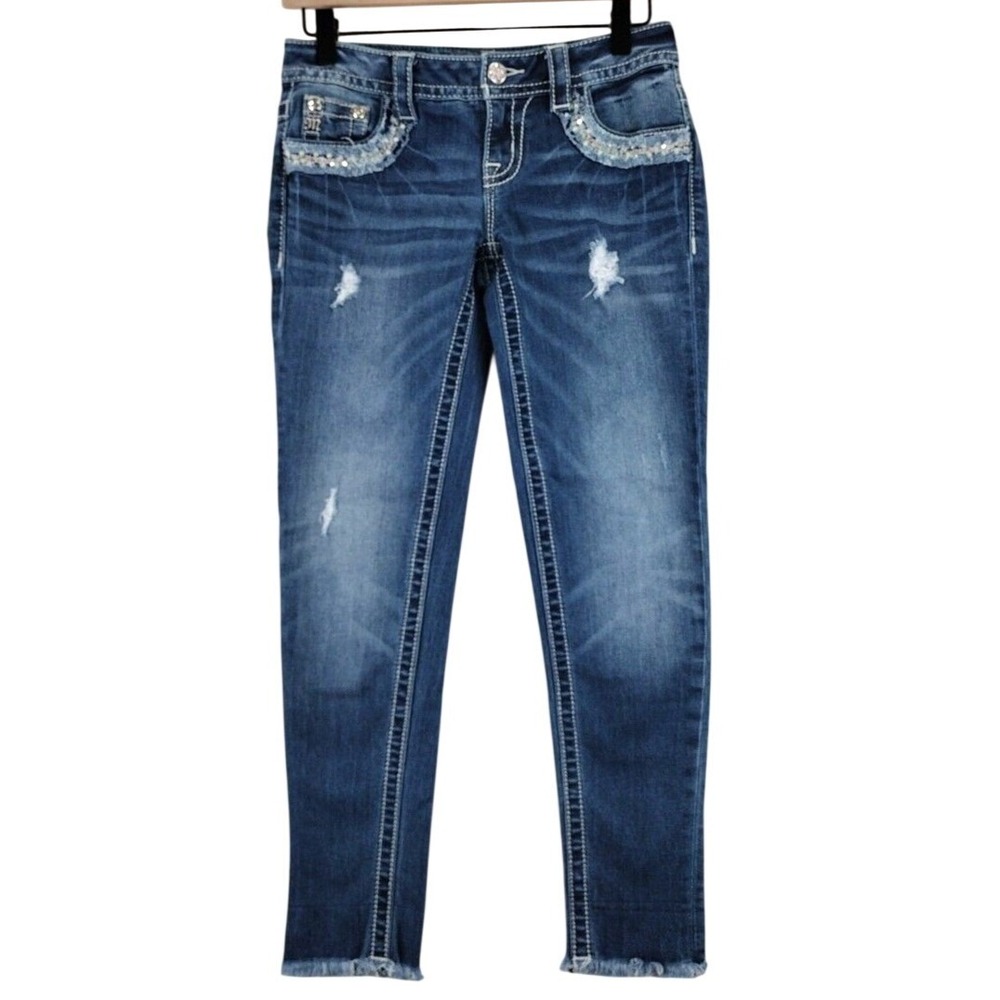 Miss Me Jeans Ankle Skinny Distressed Embellished Rhinestone Bootcut Womens 25